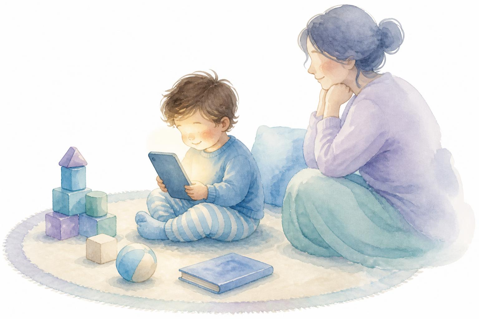 Ilustración acuarela de un niño con una tablet acompañado por su mamá, con bloques, pelota y un libro alrededor